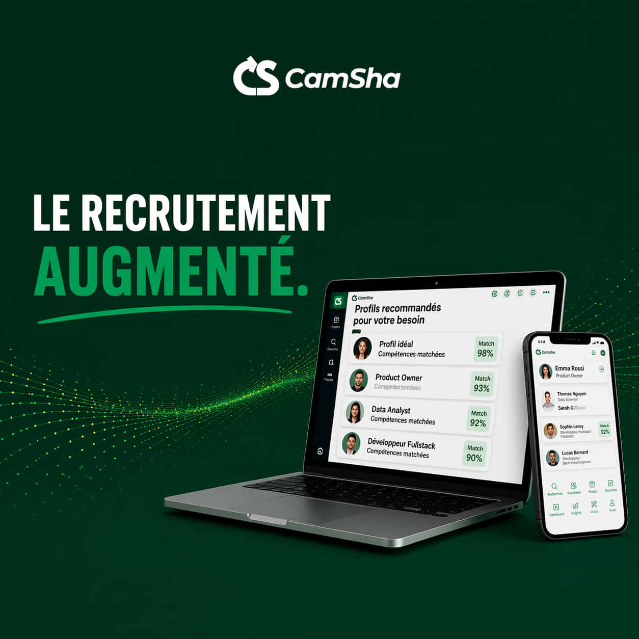 Publicité CamSha sur fond vert foncé avec logo en haut. Texte principal : « LE RECRUTEMENT AUGMENTÉ. ». Ordinateur portable et smartphone affichant l’interface avec profils recommandés : Profil idéal (98 % Match), Product Owner (93 %), Data Analyst (92 %), Développeur Fullstack (90 %), et liste de candidats comme Emma Rossi, Thomas Nguyen, Sophie Leroy. Effets de vagues lumineuses vertes en arrière-plan.